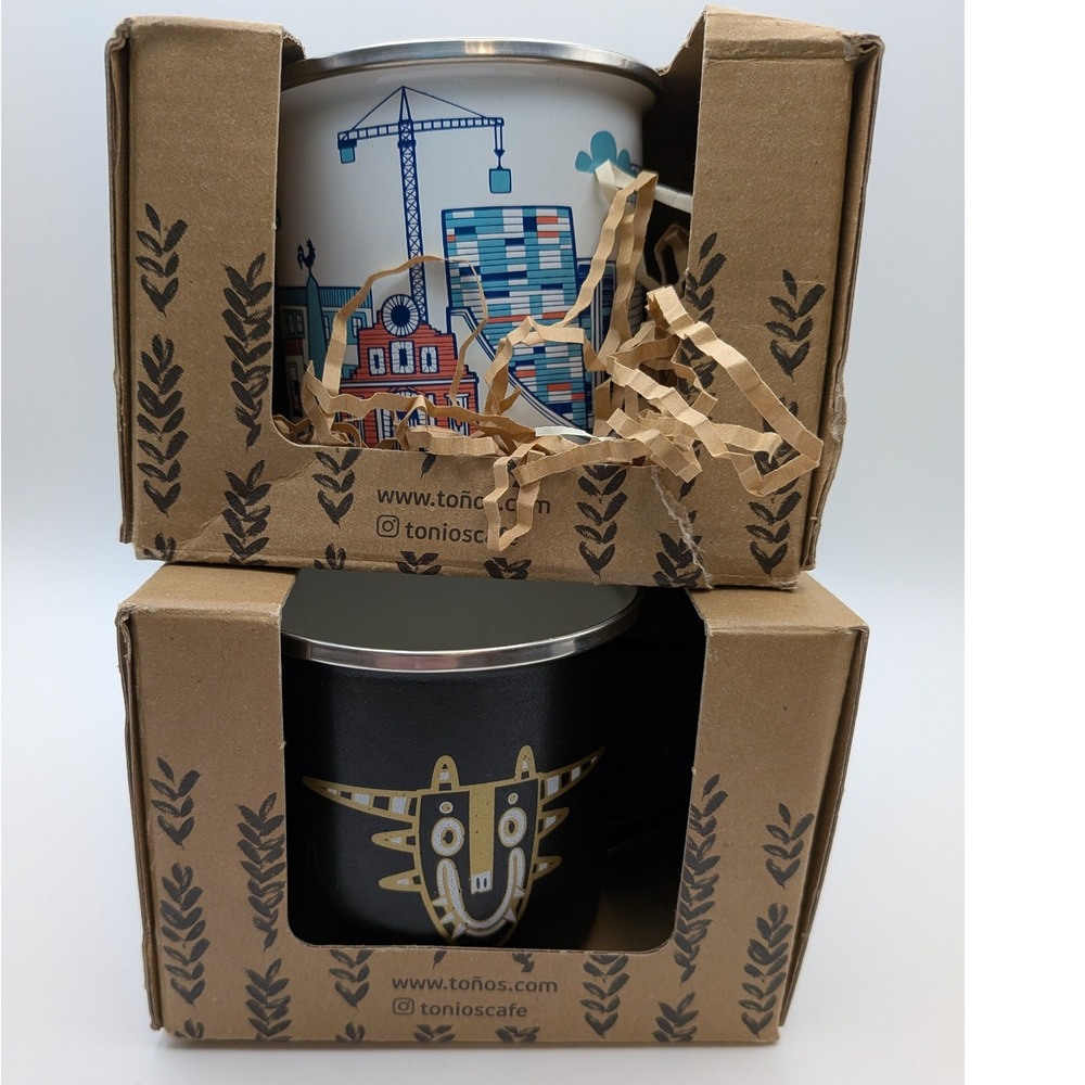 Tonos Coffee Panama Enameled Metal Mug Set Panama City Diablicos Sucios 2pc NEW